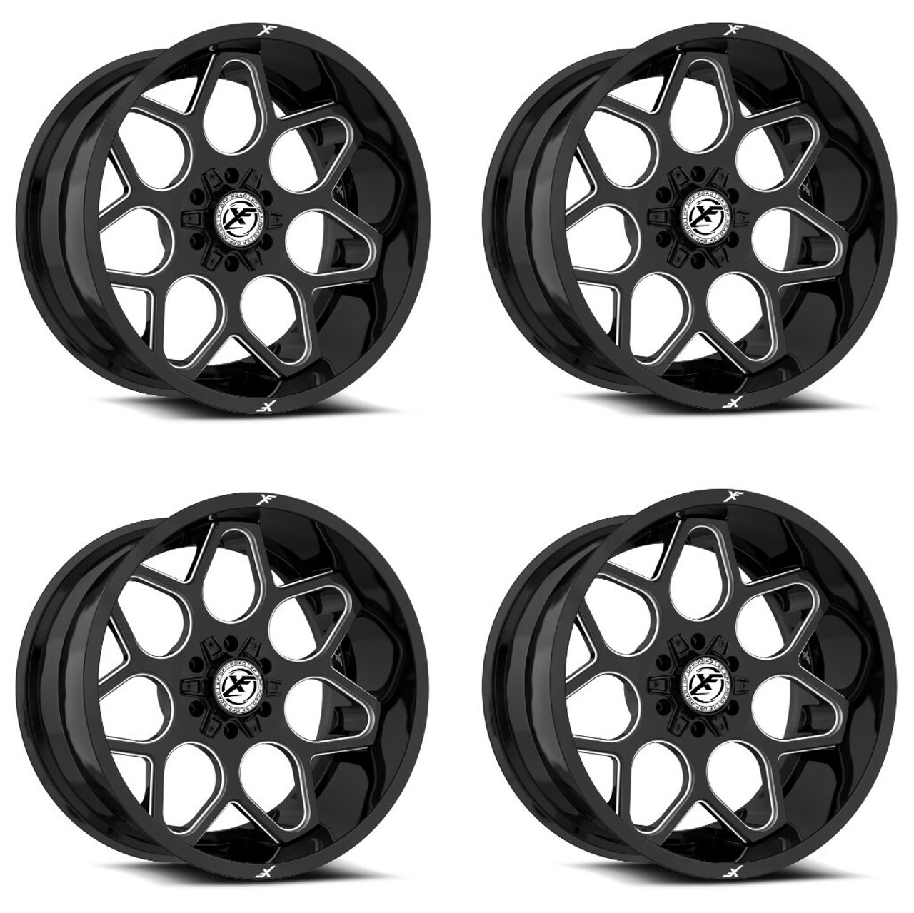 Set 4 20" XF Off-Road XF-233 Gloss Black & Milled 20x10 Wheels 8x6.5 8x170 -12mm