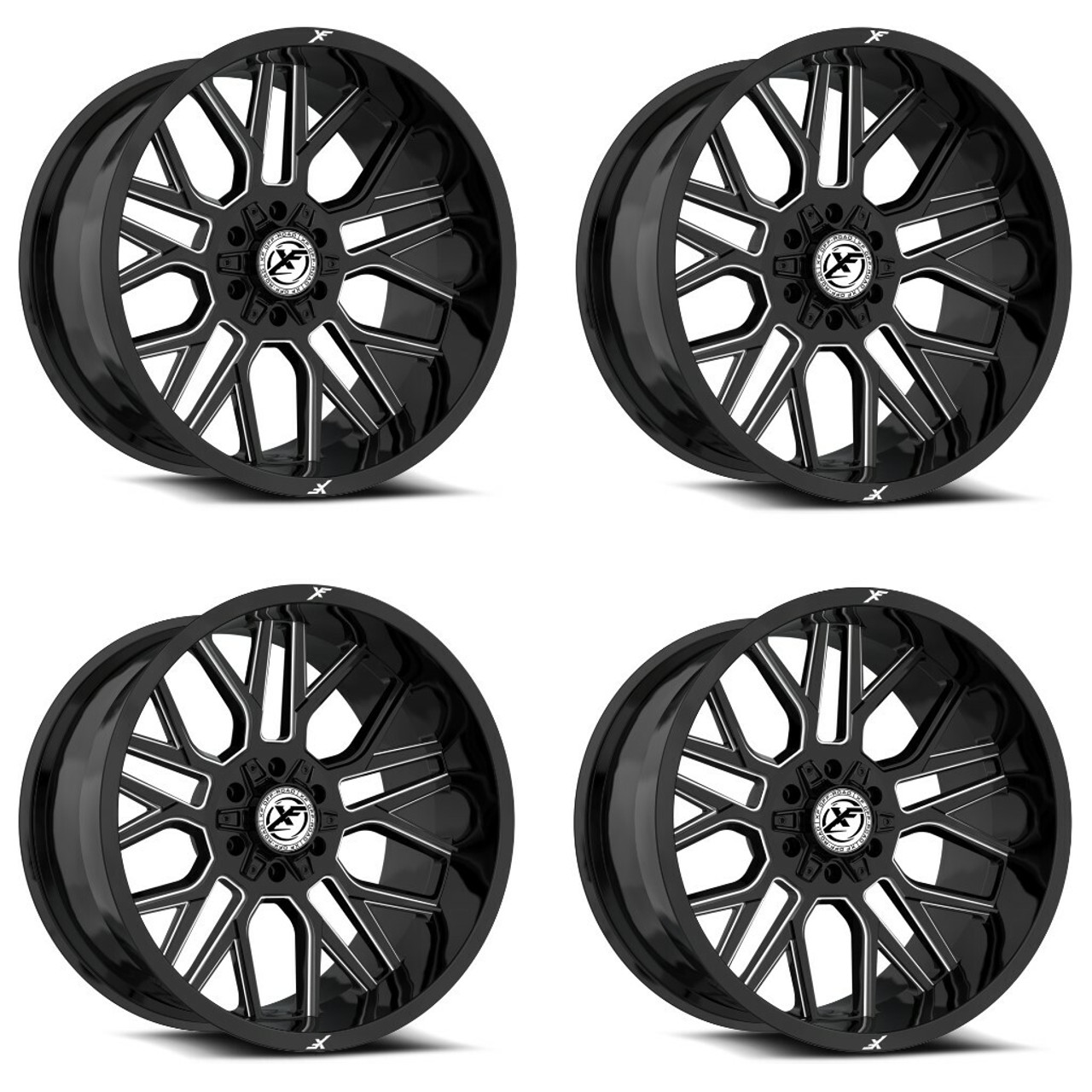 Set 4 20" XF Off-Road XF-235 Gloss Black & Milled 20x10 Wheels 6x135 6x5.5 -12mm