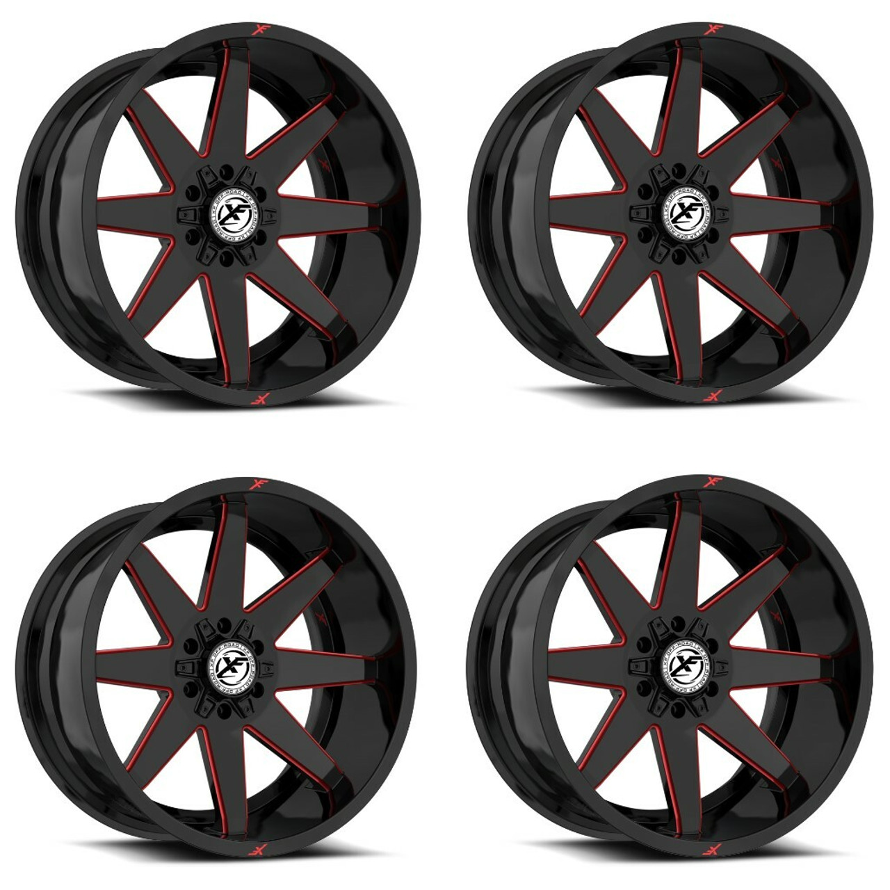 Set 4 20" XF Off-Road XF-236 Gloss Black Red Milled 20x9 Wheels 5x5 5x5.5 12mm