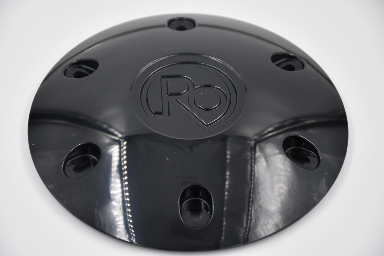 Black RO style hub caps set of 4 for 6x135 bolt pattern wheels including Ford trucks with mounting hardware and aggressive black finish.
