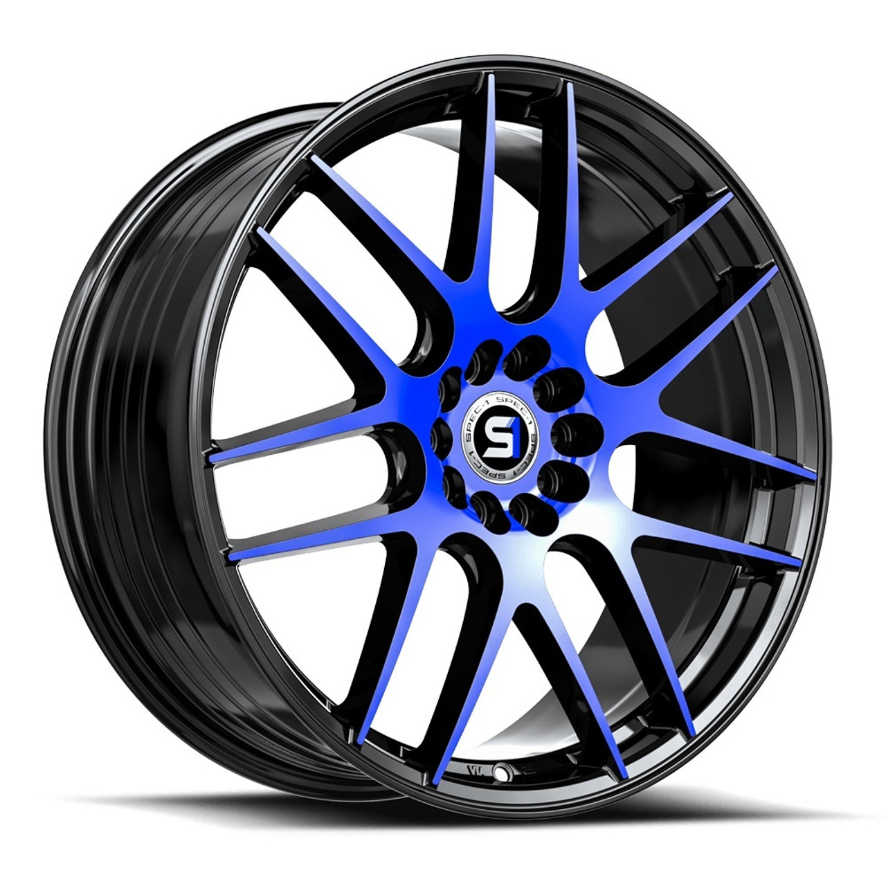 Set 4 17" Spec-1 SP-65 Gloss Black & Blue Machined 17x8 Wheels 5x100 5x4.5 42mm Rims