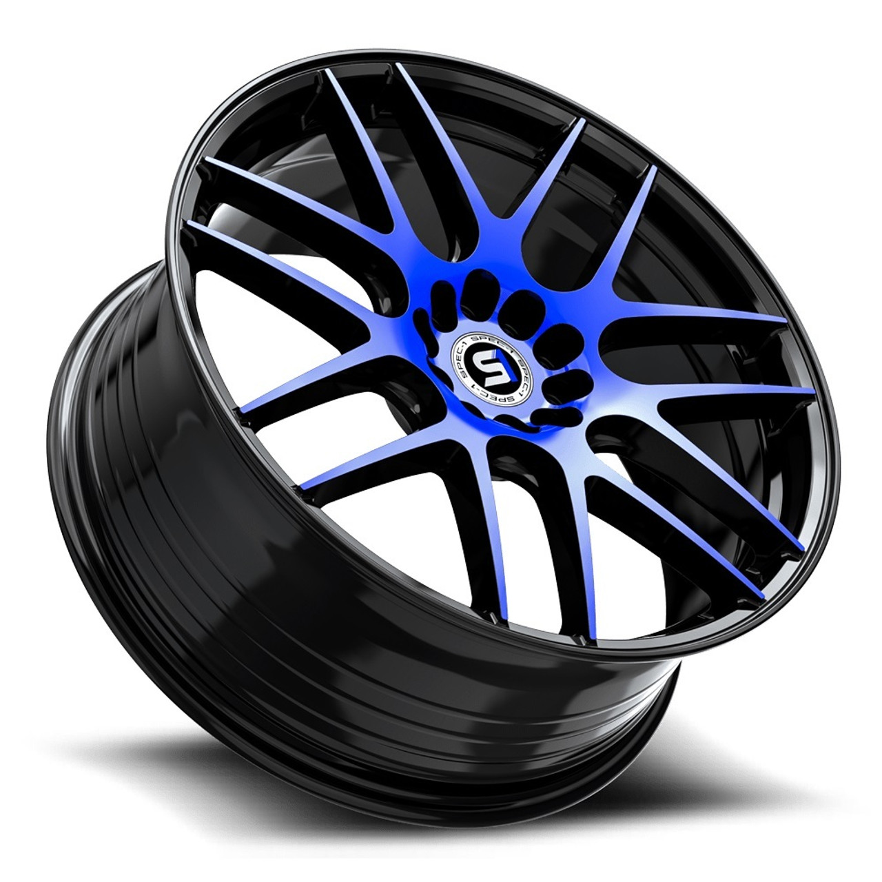 Set 4 17" Spec-1 SP-65 Gloss Black & Blue Machined 17x8 Wheels 5x100 5x4.5 42mm Rims
