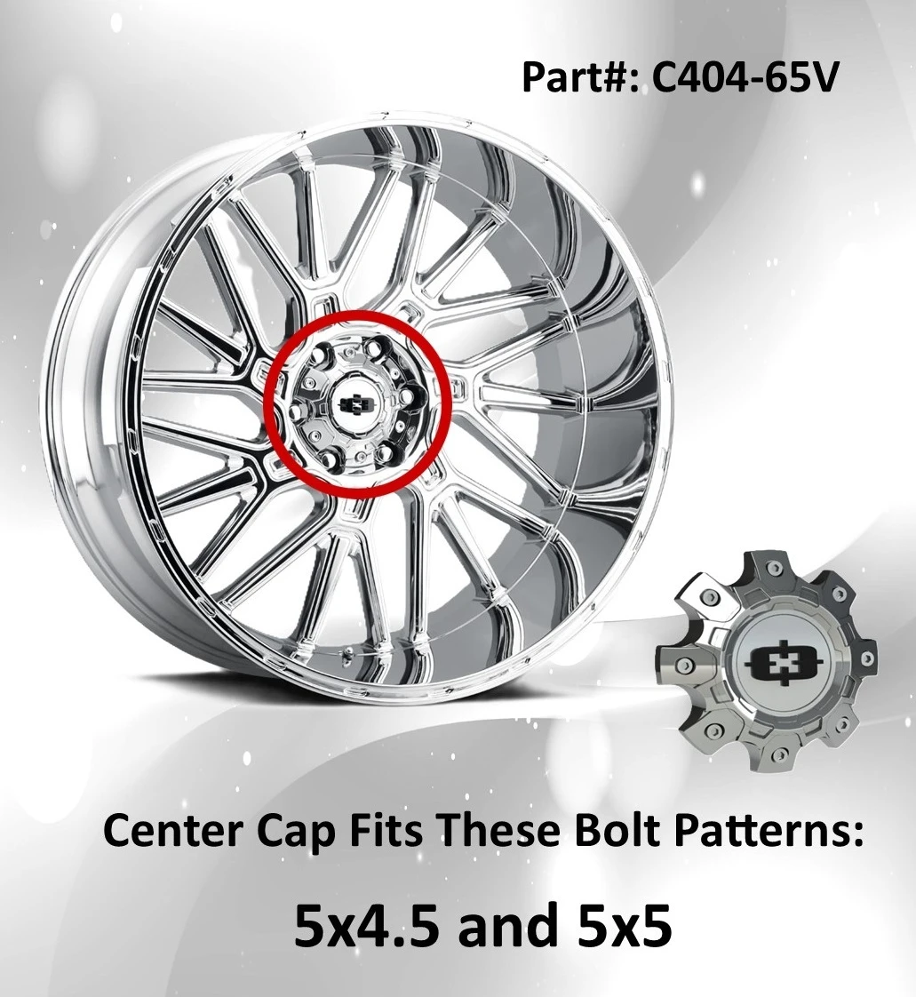 Genuine Vision Wheel C404-65V chrome OEM replacement center cap with gloss black Vision logo for Vision 404 Brawl 5-lug wheels. Fits 5x4.5 and 5x5 applications with an approximate 4.70-inch outside diameter.