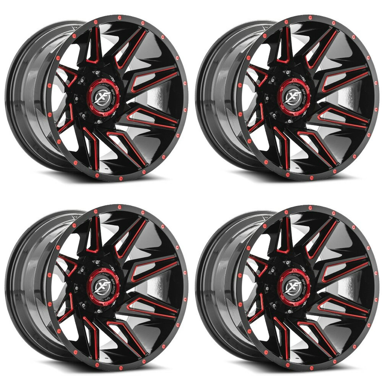 Set 4 20" XF Off-Road XF-218 Gloss Black Red Milled 20x10 Wheels 5x5 5x5.5 -12mm