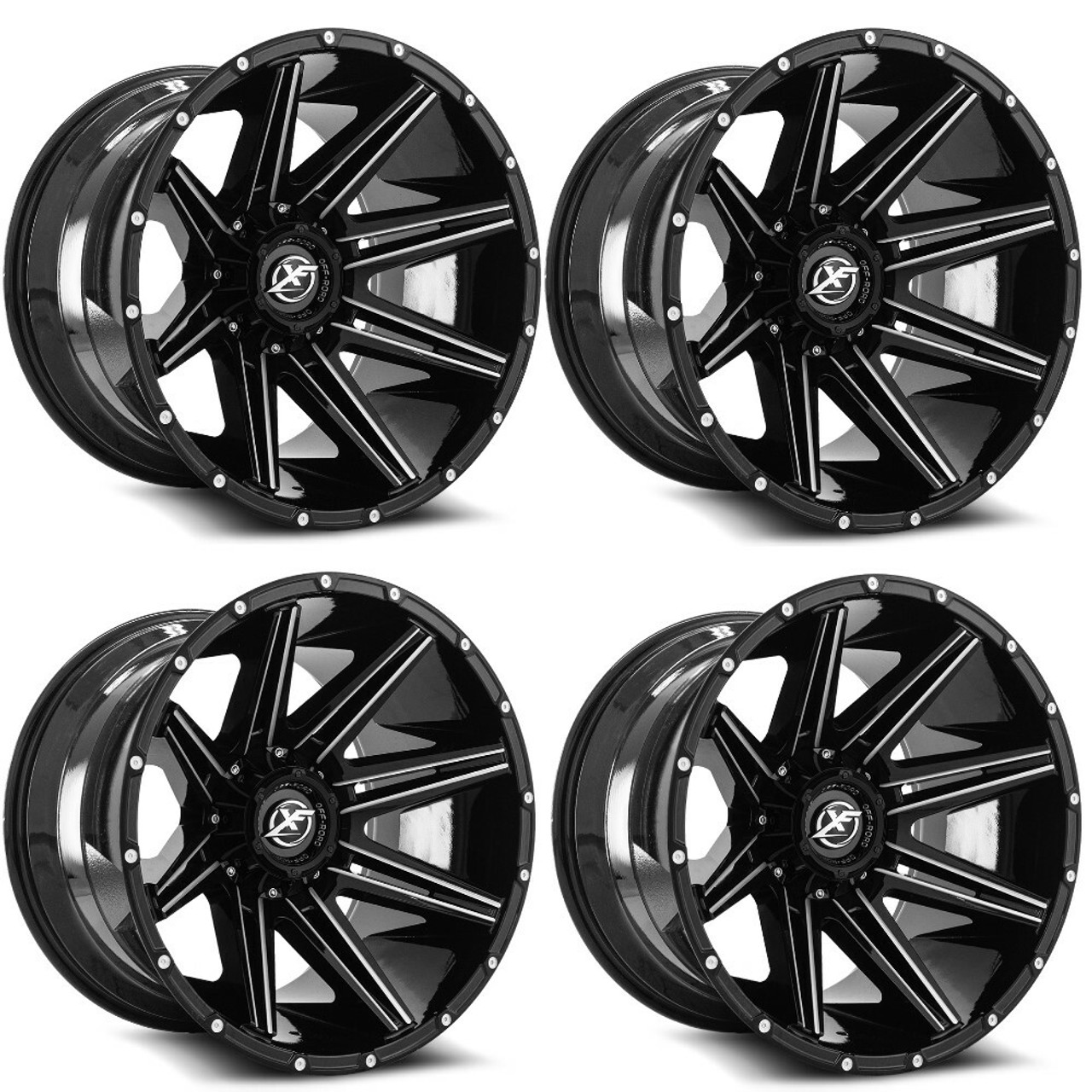 Set 4 20" XF Off-Road XF-220 Gloss Black & Milled 20x10 Wheels 5x5 5x5.5 -24mm