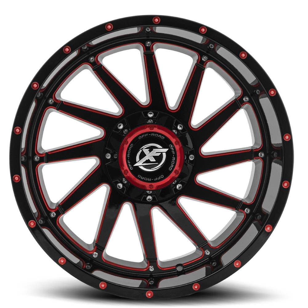 Set 4 20" XF Off-Road XF-216 Gloss Black Red Milled 20x9 Wheels 6x135 6x5.5 12mm