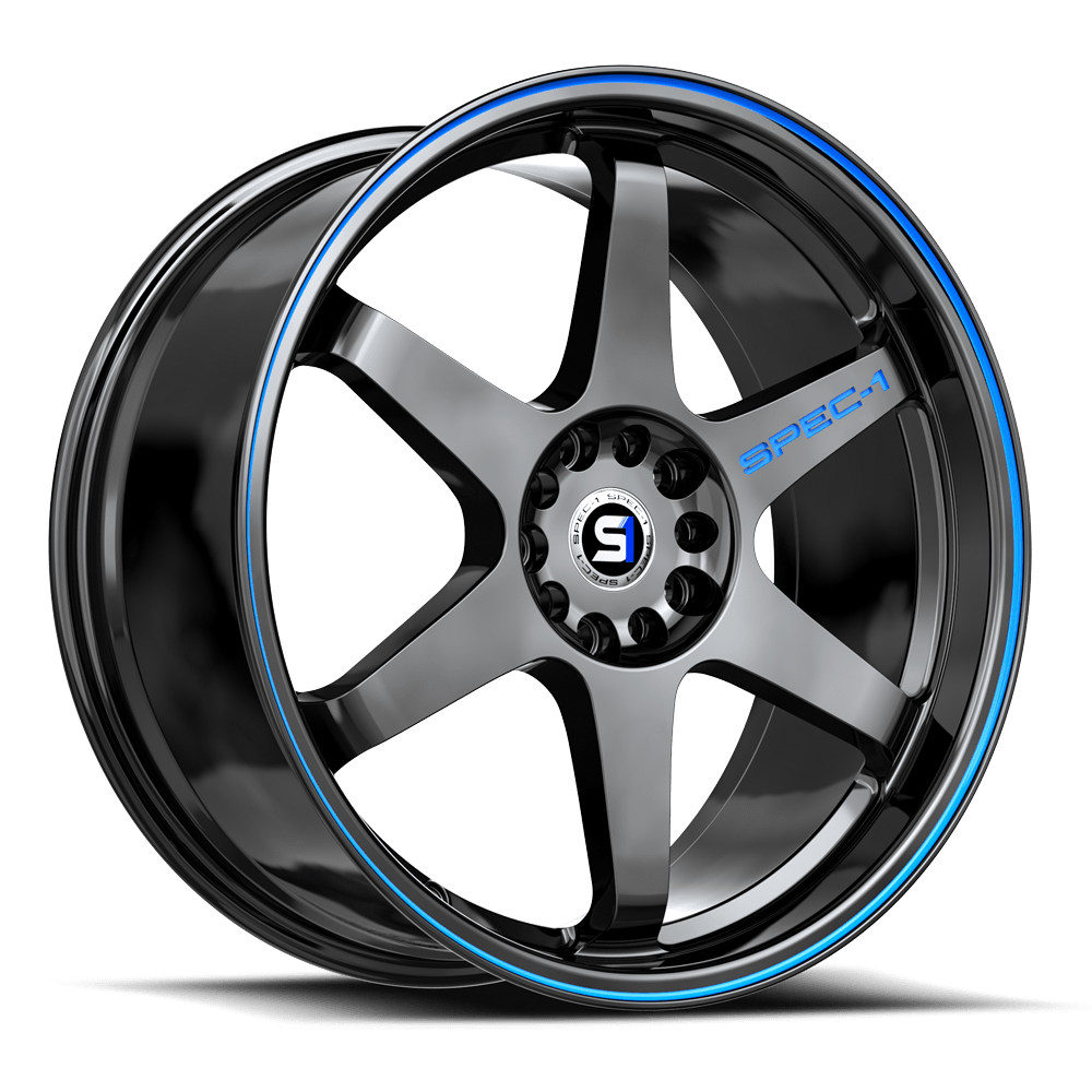 Set 4 20" Spec-1 SPT-33 Gloss Black & Blue Line 20x9 Wheels 5x100 5x4.5 38mm Rim