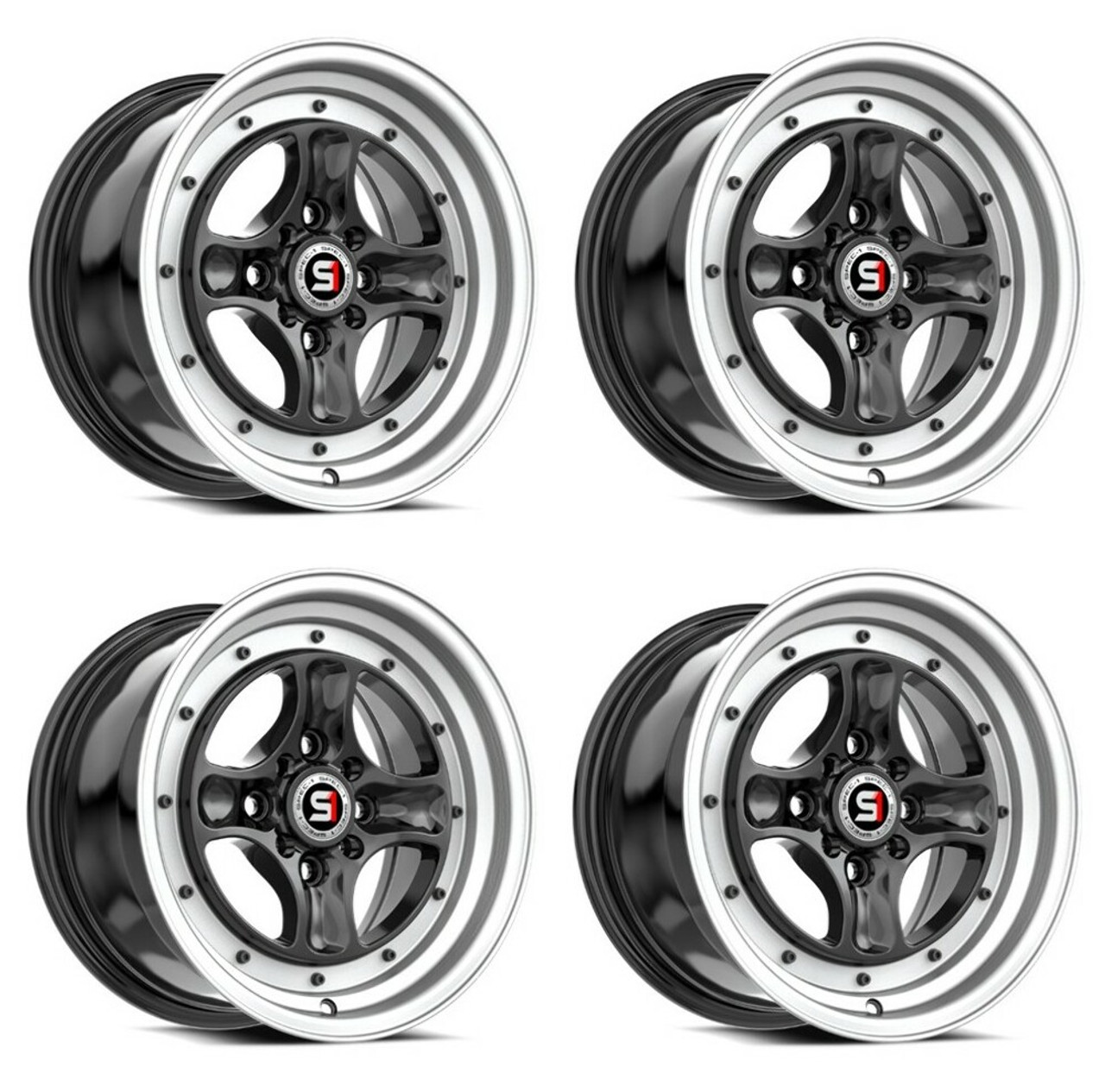 Set 4 15" Spec-1 SPT-35 Gloss Black & Machined 15x8 Wheels 4x100 4x4.5 25mm Rims