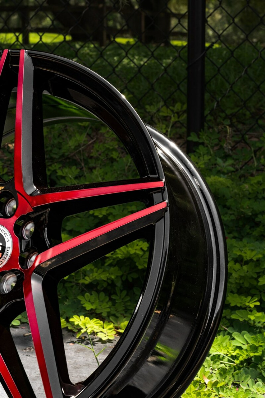 18" Spec-1 SP-54 Gloss Black & Red Machined 18x8 Wheel 4x100 4x4.5 38mm Rim
