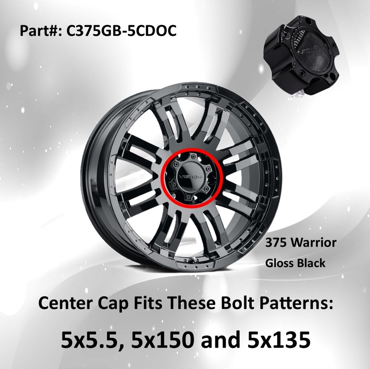 Vision 375 Warrior C375GB-5CDOC Black Wheel Center Cap Tall Fits 5x5.5 5x150