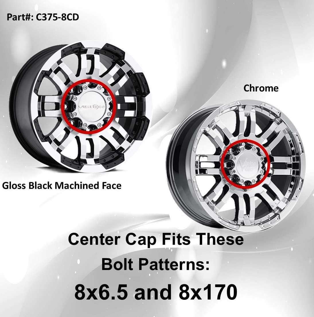 Set 4 Vision C375-8C 375 Warrior Wheel Center Caps 8 Lug Chrome Fits 8x6.5 8x170