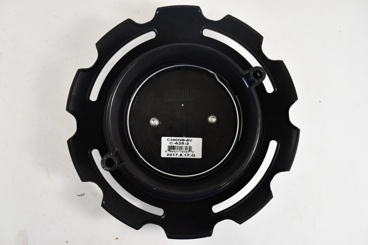 Genuine Vision Wheel C390GB-8V gloss black OEM replacement center cap for Vision 390 Empire 8-lug wheels. Fits 8x6.5, 8x170, and 8x180 bolt patterns and includes mounting base and screws.
