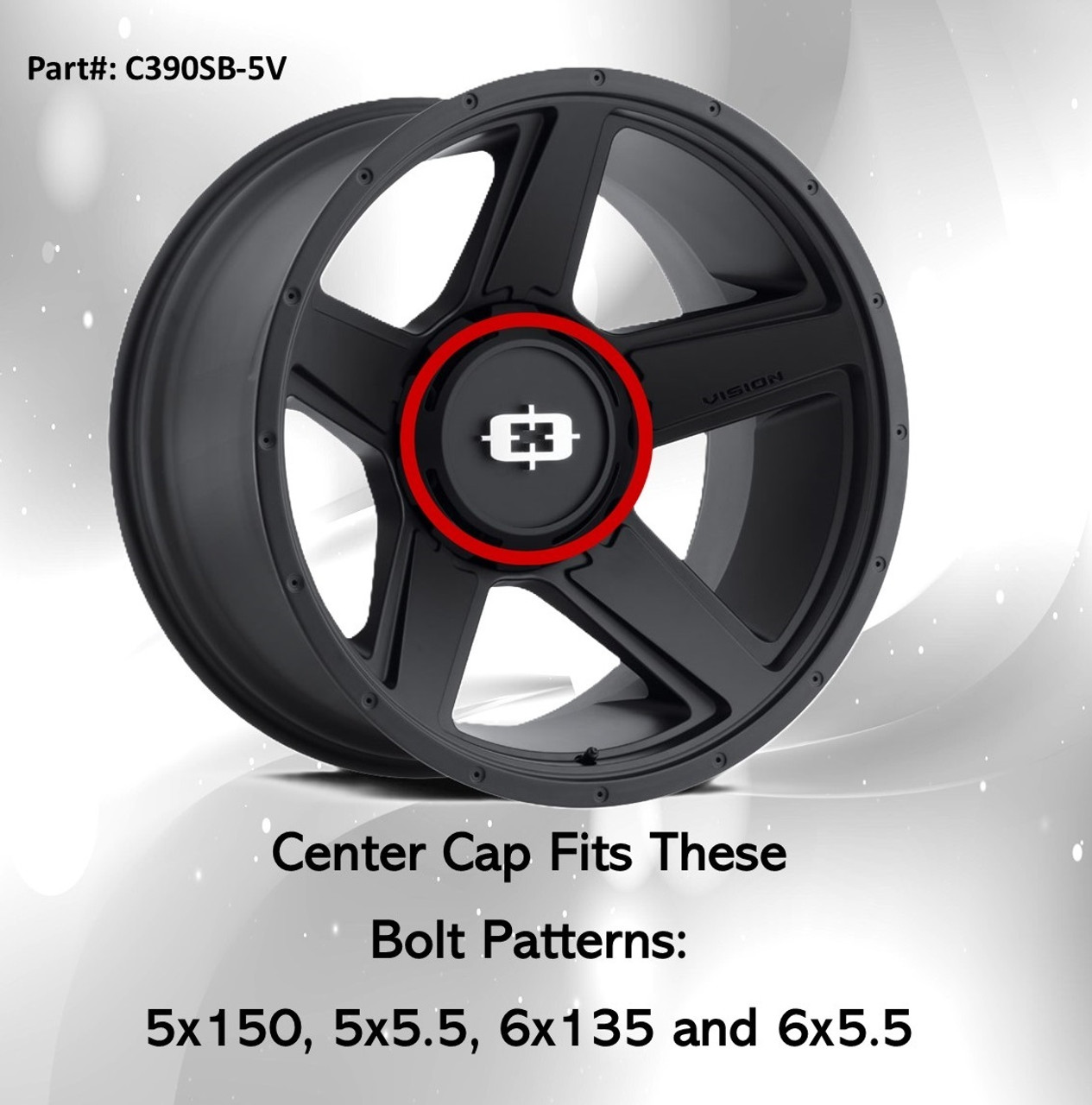 Vision 390 Empire Satin Black 5/6 Lug C390SB-5V Wheel Center Cap Hub Cap