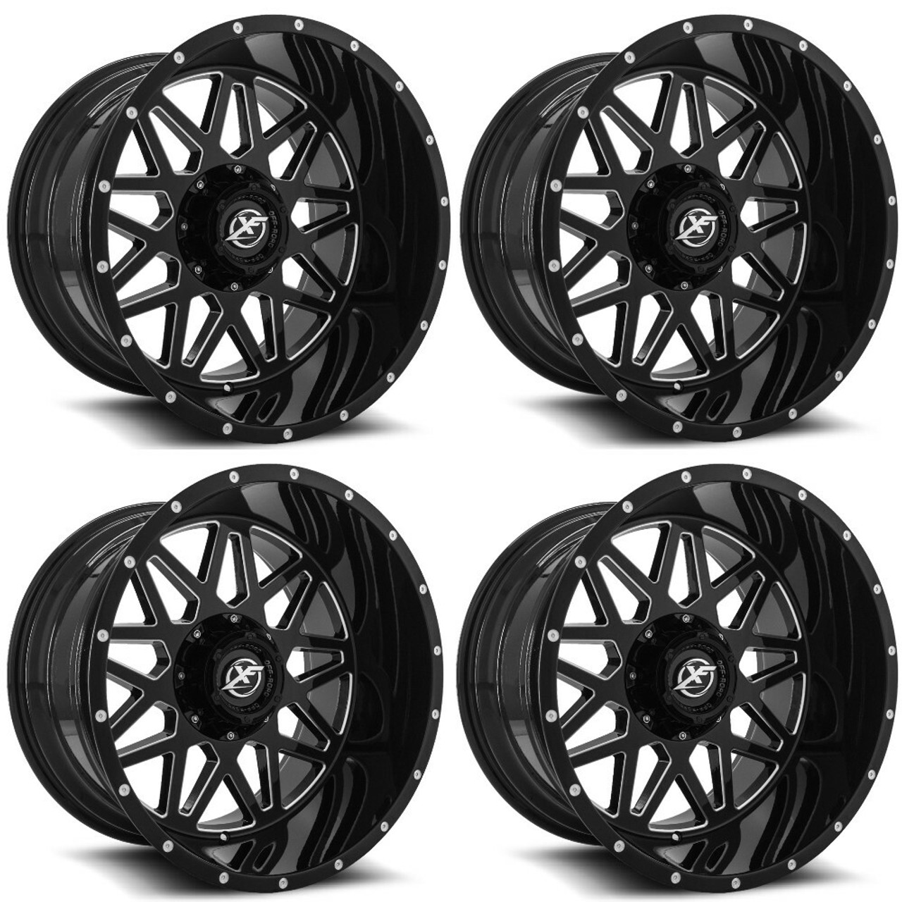 Set 4 20" XF Off-Road XF-211 Gloss Black & Milled 20x12 Wheels 8x6.5 8x170 -44mm