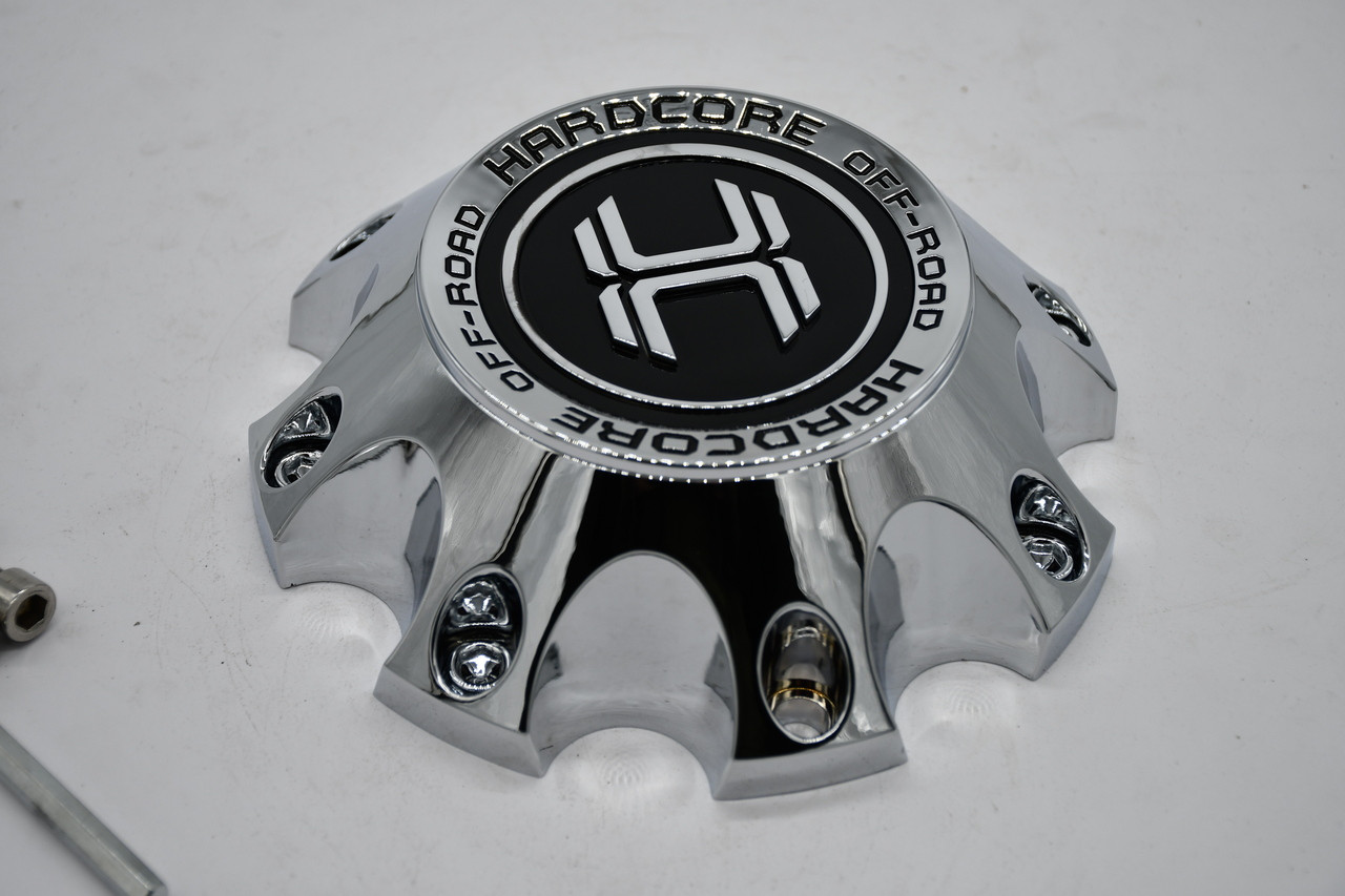 Genuine Hardcore Offroad chrome wheel center cap CAP-HC101/102-CHR-8LUG. Fits select HC101 Nuisance, HC102 Threat, HC18, HC19, HC21, HC22, and HC23 8-lug wheel applications. Features a 6.5-inch diameter and chrome finish.