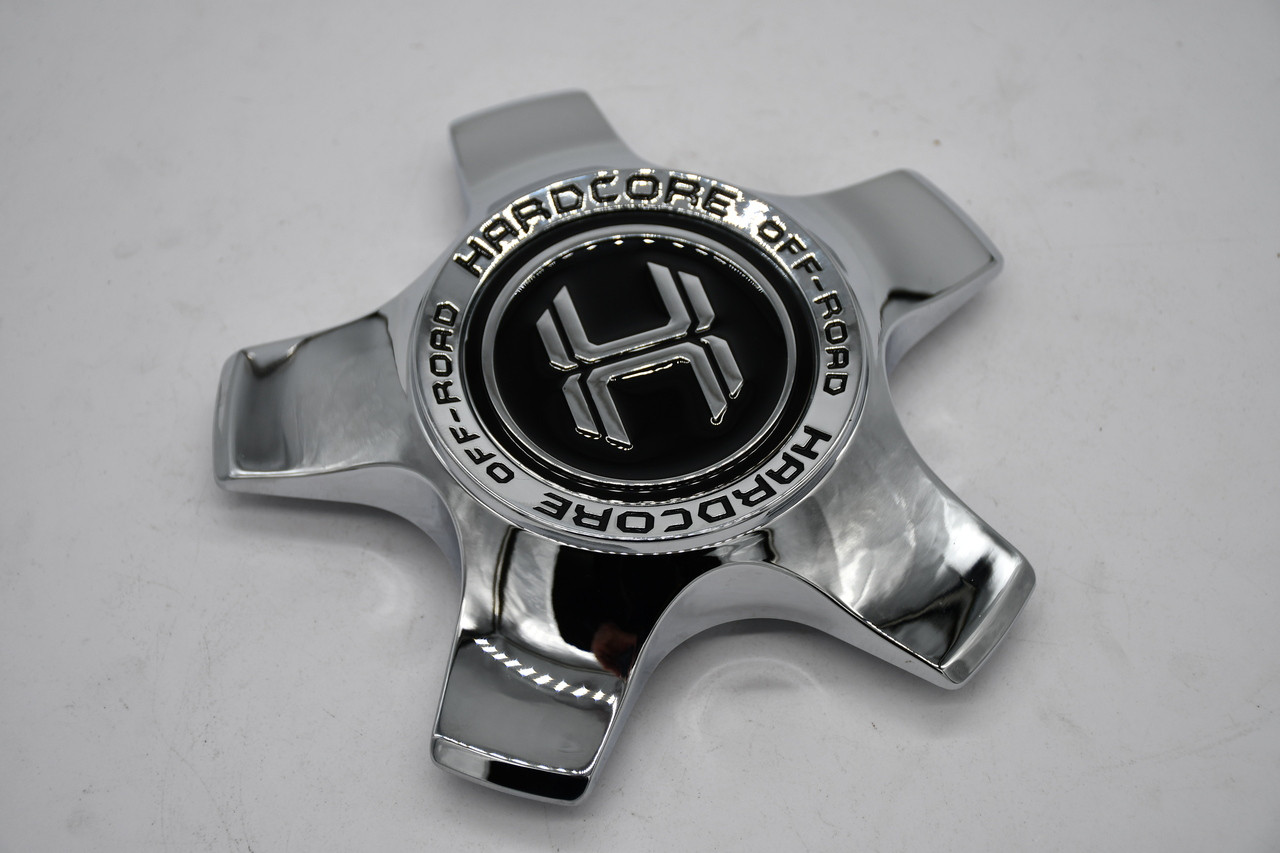 Genuine Hardcore Offroad chrome wheel center cap designed for HC24 and HC25 5-lug wheel applications. Features part numbers 1203K170-5H and 1023K170-CH with a bright chrome finish.