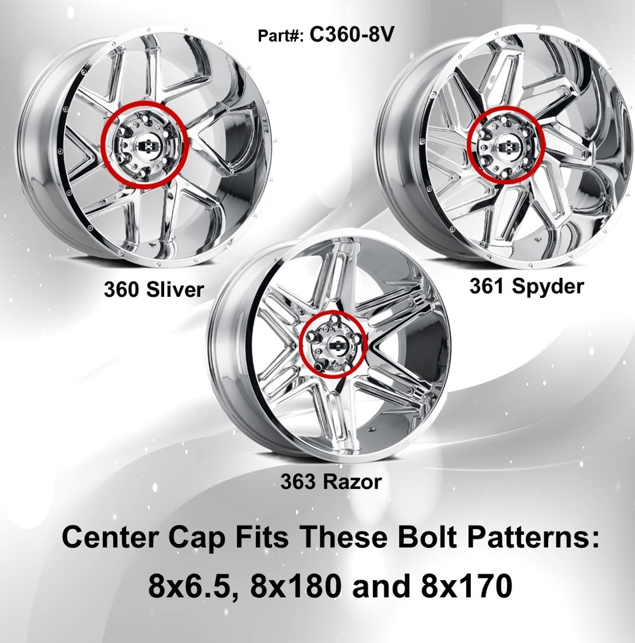 Vision 360 Sliver 361 Spyder 363 Razor Chrome Wheel Center Cap C360-8V 8 Lug
