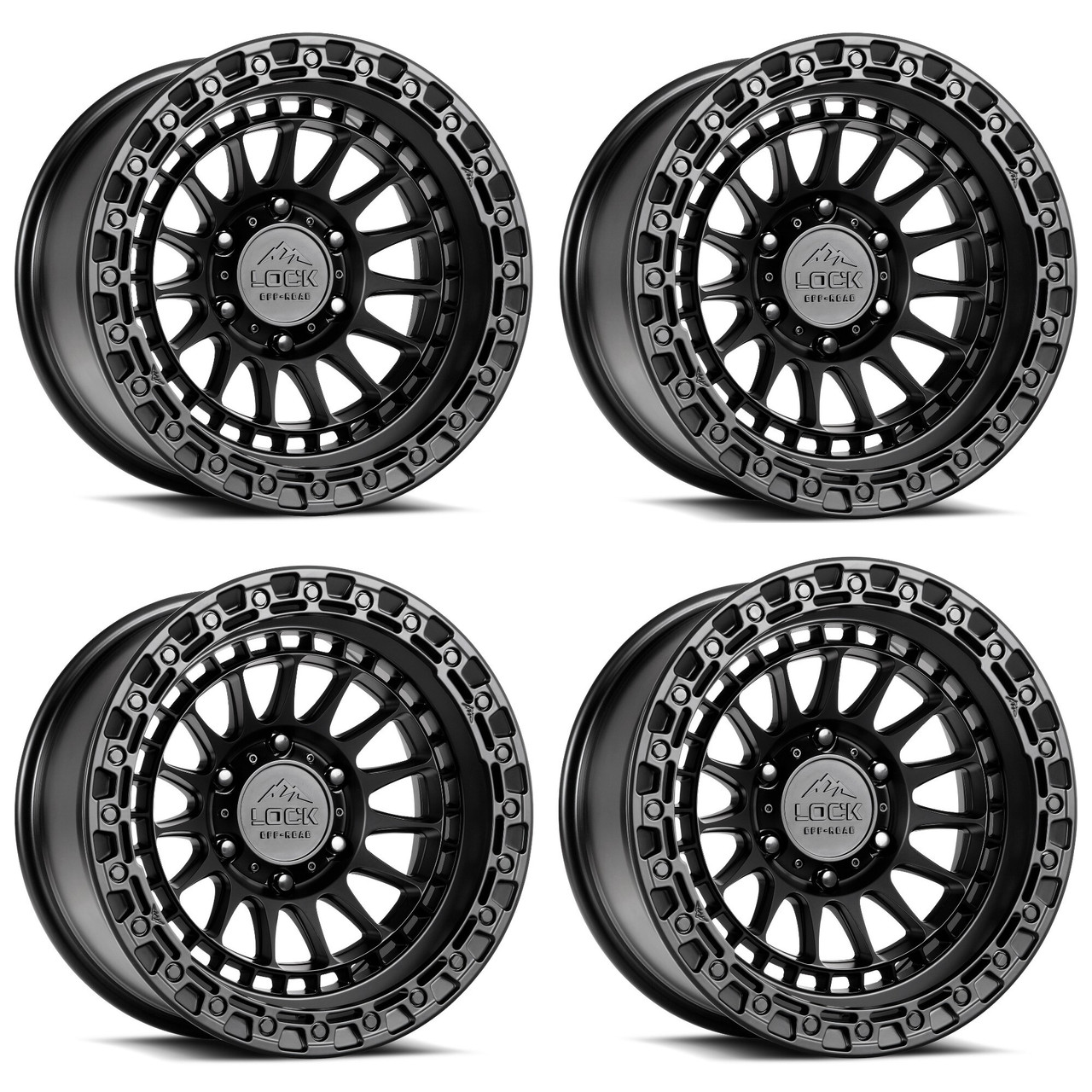 Set 4 17" Lock Offroad Mojave Matte Black w Matte Black Ring 17x9 8x170 1mm Rims Truck Wheels