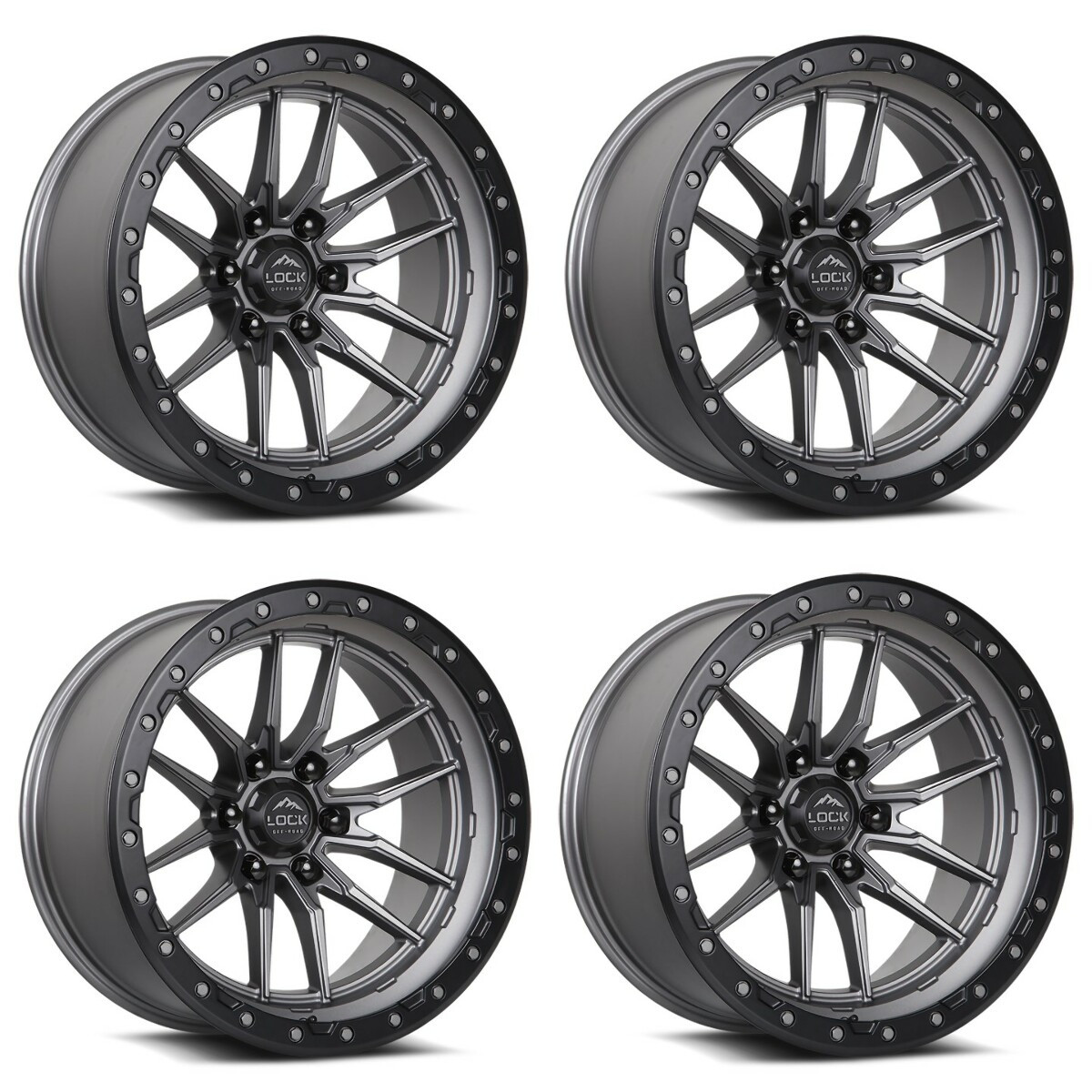 Set 4 17" Lock Offroad Krawler Matte Grey Matte Black Ring 17x9 6x135 -12mm Rims