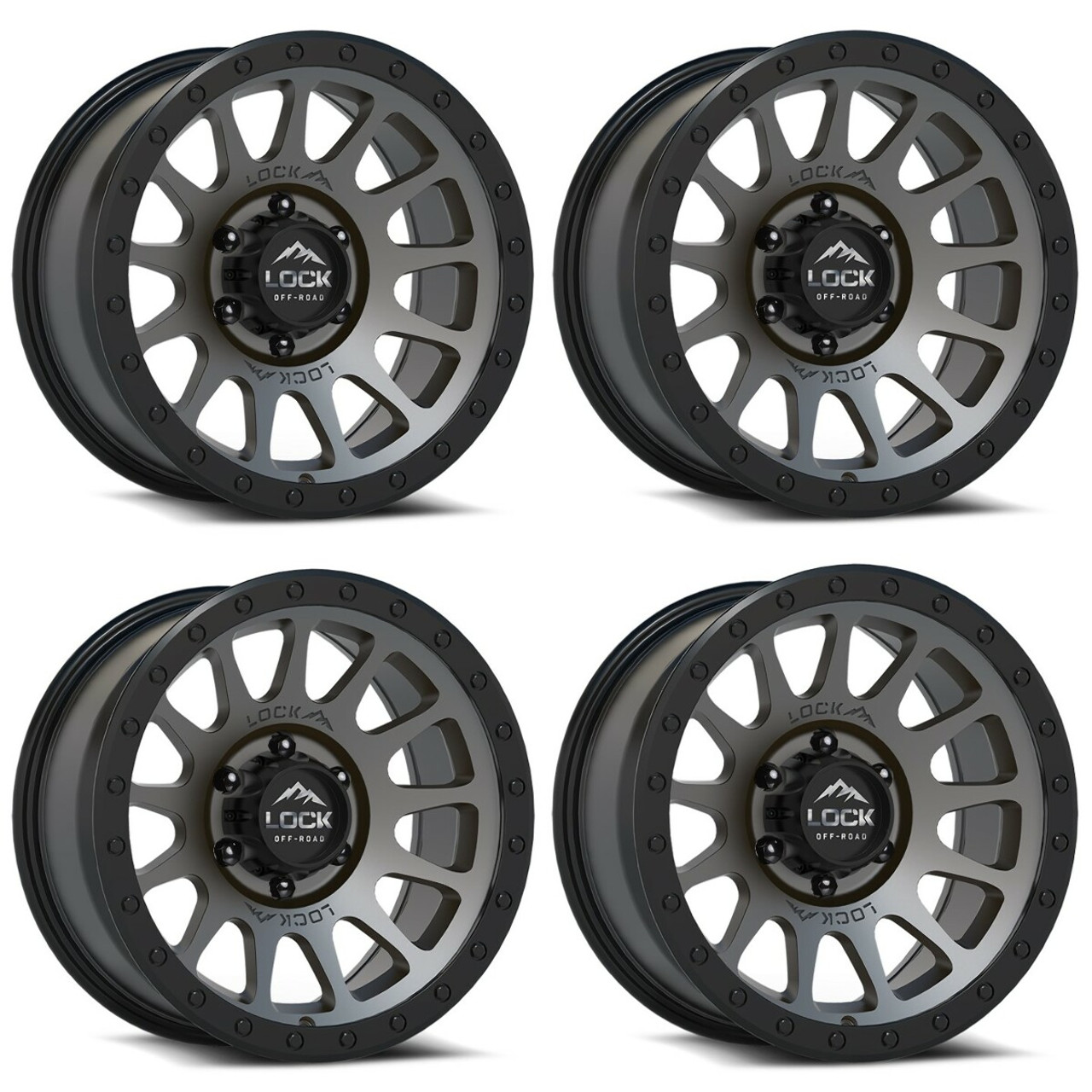 Set 4 17" Lock Offroad Matte Grey Matte Black Ring Yosemite 17x9 6x135 0mm Rims