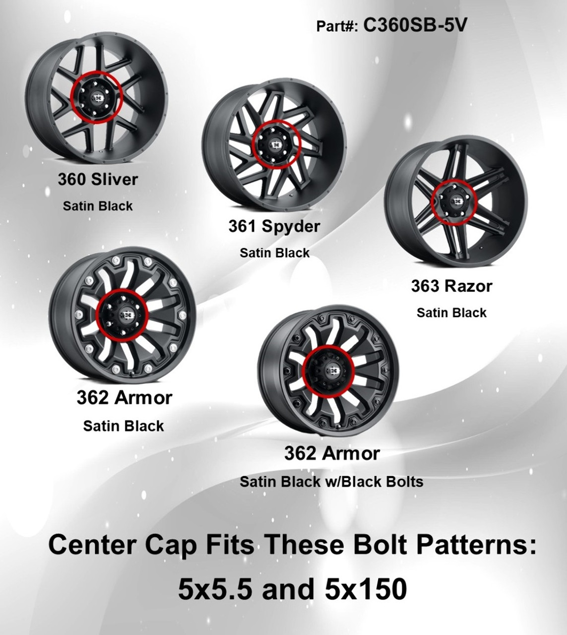 Vision 360 361 362 363 Satin Black Wheel Center Cap C360SB-5V 5.75" 5 Lug