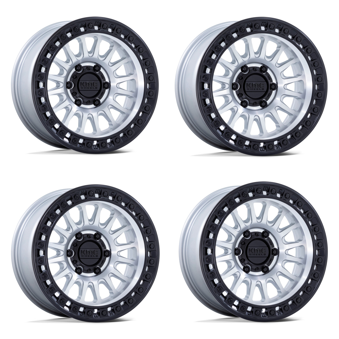 Set 4 20" KMC KM552 IMS Gloss Silver W/ Machined Face 20x9 Wheels 8x170 0mm Rims Offroad Truck Wheels