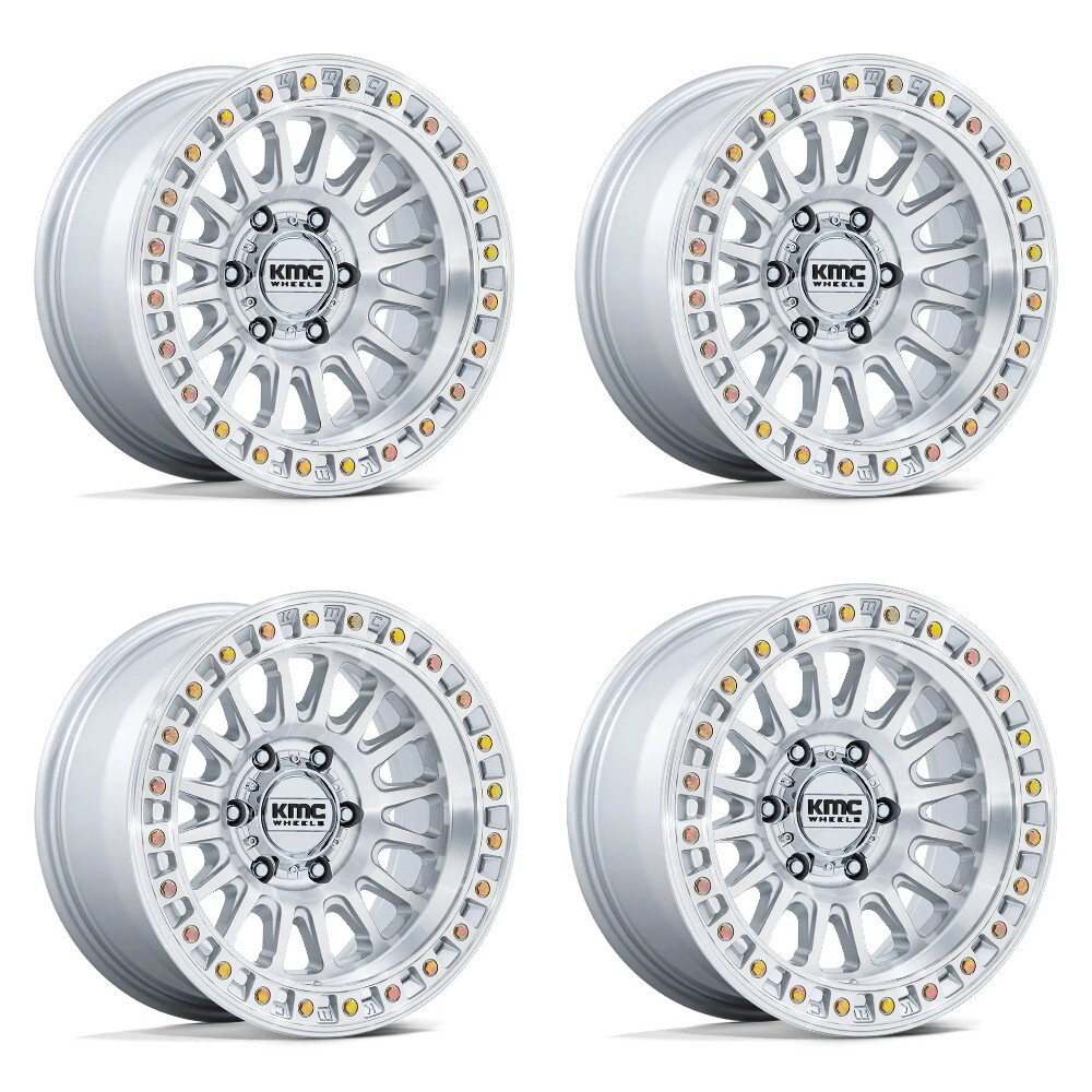 Set 4 17" KMC KM552 IMS Gloss Silver Machined Face 17x8.5 Wheels 6x5.5 -10mm Rim