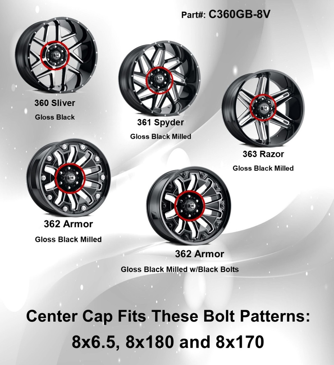 Vision Wheel 360 361 362 363 Gloss Black Center Cap C360GB-8V Hub Cap 6.75" 8 Lug