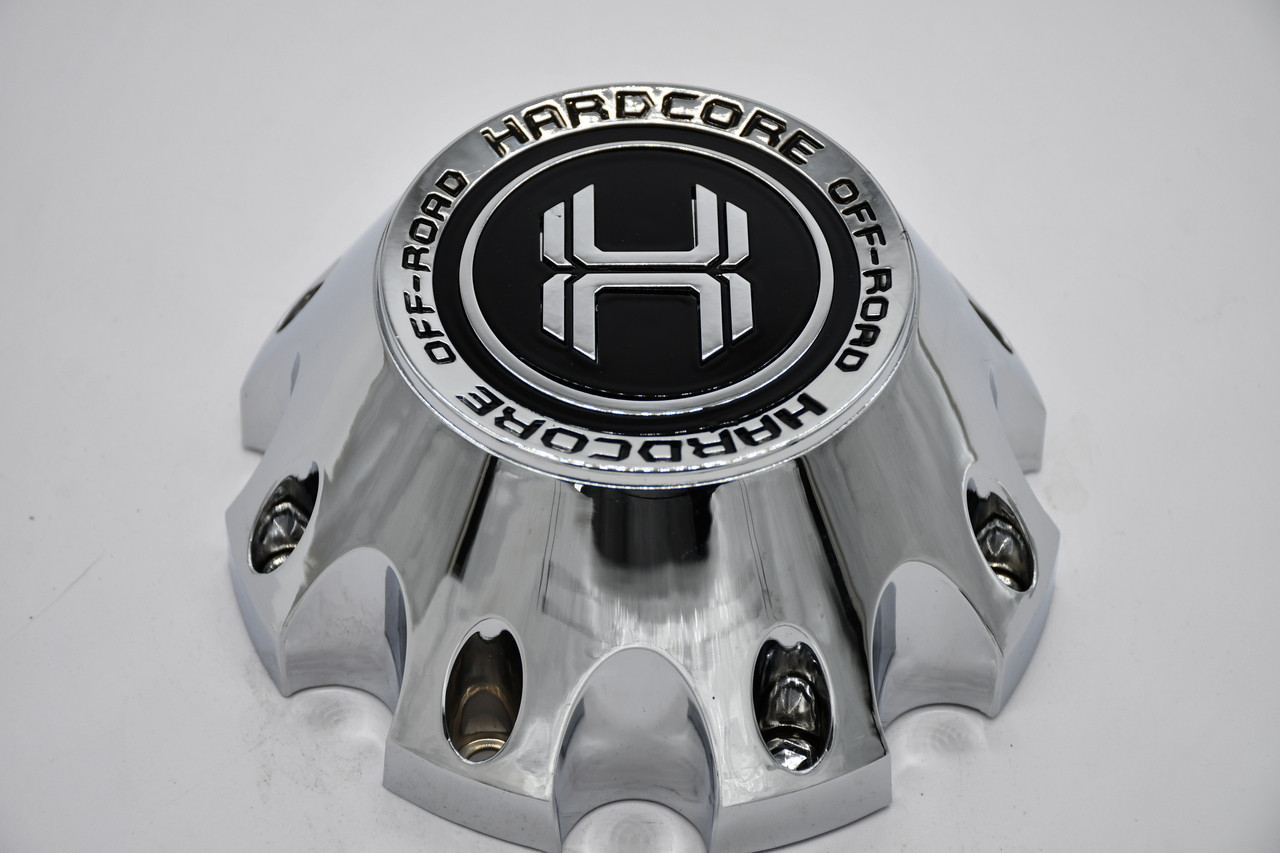 Genuine Hardcore Offroad HD-8H-HIGH chrome OEM replacement wheel center cap for HC24 and HC25 Long 8-lug wheels. Features a 6.5-inch outside diameter and 3-inch height for an exact factory fit.