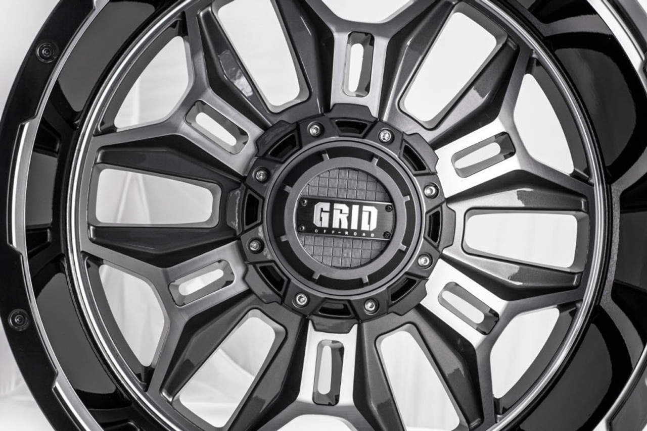 Set 4 22" Grid Offroad GD11 22x12 5x5 5x5.5 -44mm Gloss Anthracite Black Lip Rim