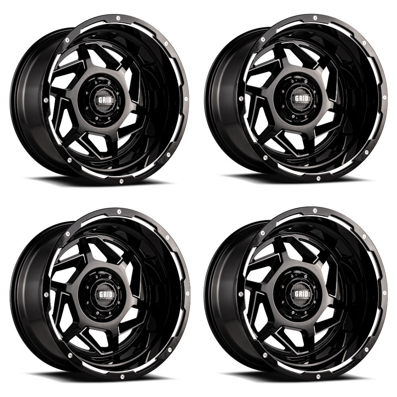 Set 4 20" Grid Offroad GD14 20x9 5x5 5x5.5 0mm Wheels Gloss Black Milled Rims