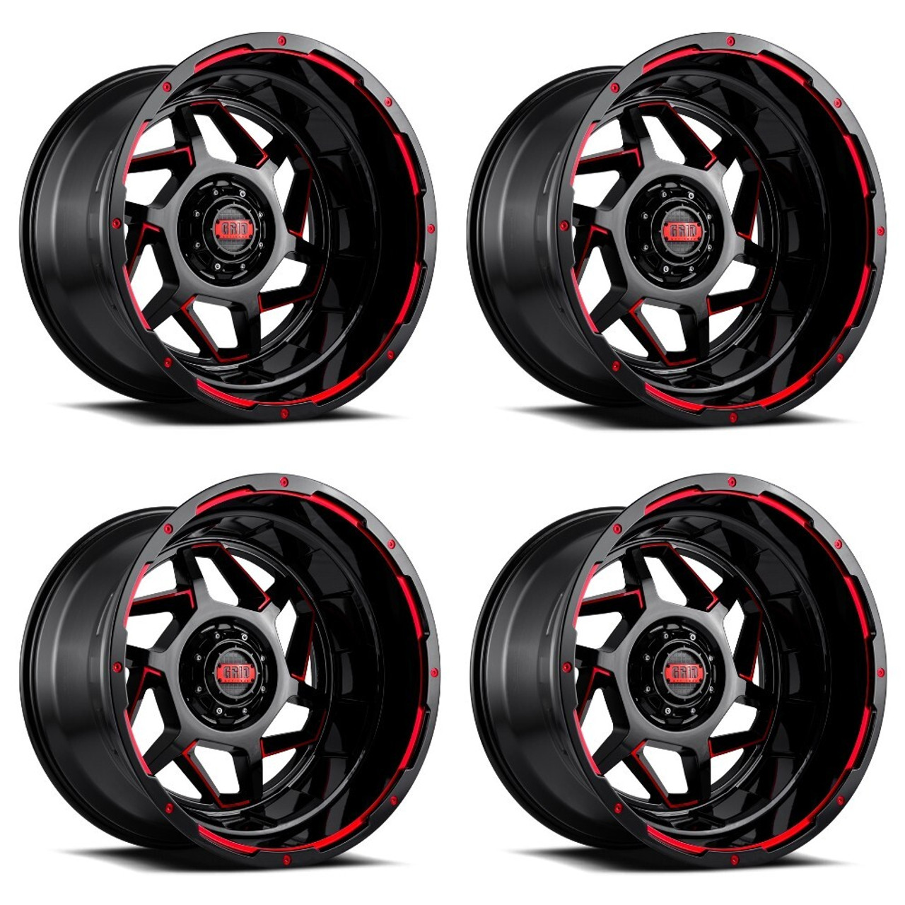 Set 4 20" Grid Offroad GD14 20x9 6x135 6x5.5 15mm Wheels Gloss Black Red Rims