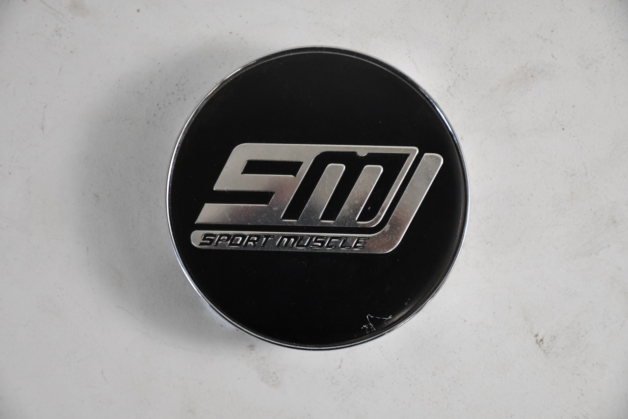 SM Sport Muscle Black/Chrome/Black logo Center Cap Hub Cap  C-195-1 2.620"
