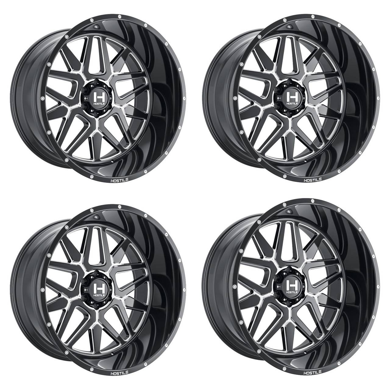 Set 4 20" Hostile H128 Diablo 20x10 6x135 -19mm Wheels Blade Cut Lifted Rims