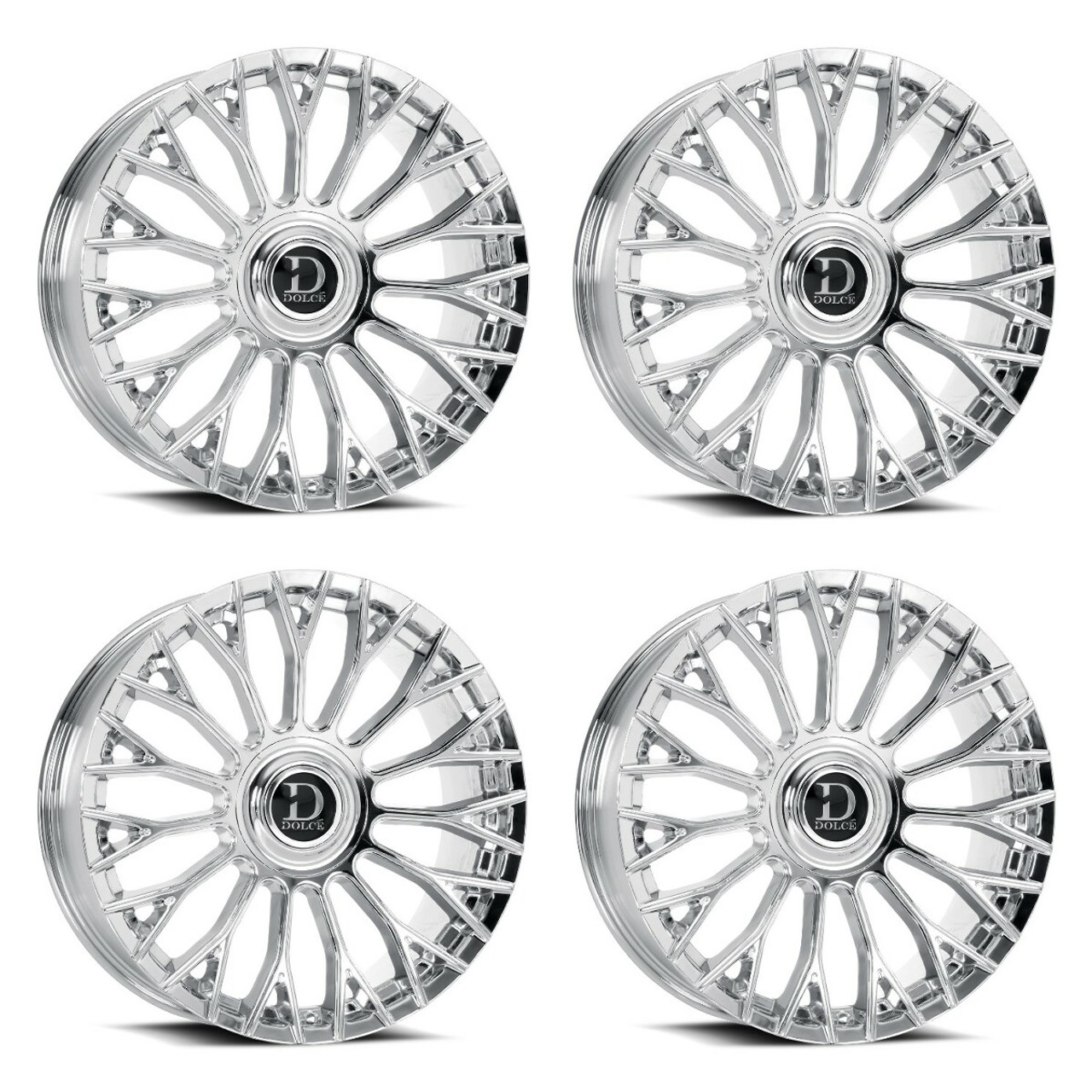 Set 4 22" Dolce Luxury Roma 22x9 5x115 5x120 15mm Chrome w Floating Cap Wheels