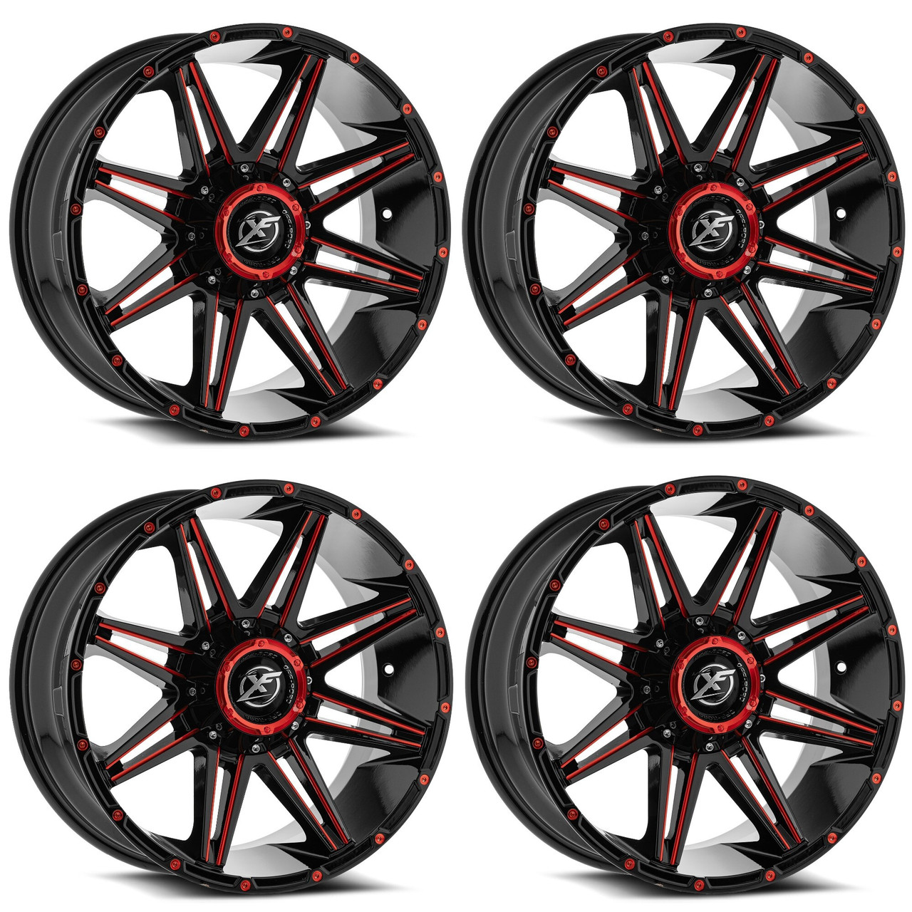 Set 4 20" XF Off-Road XF-220 Gloss Black & Red Milled 20x9 Wheels 8x6.5 8x180 12mm Rims