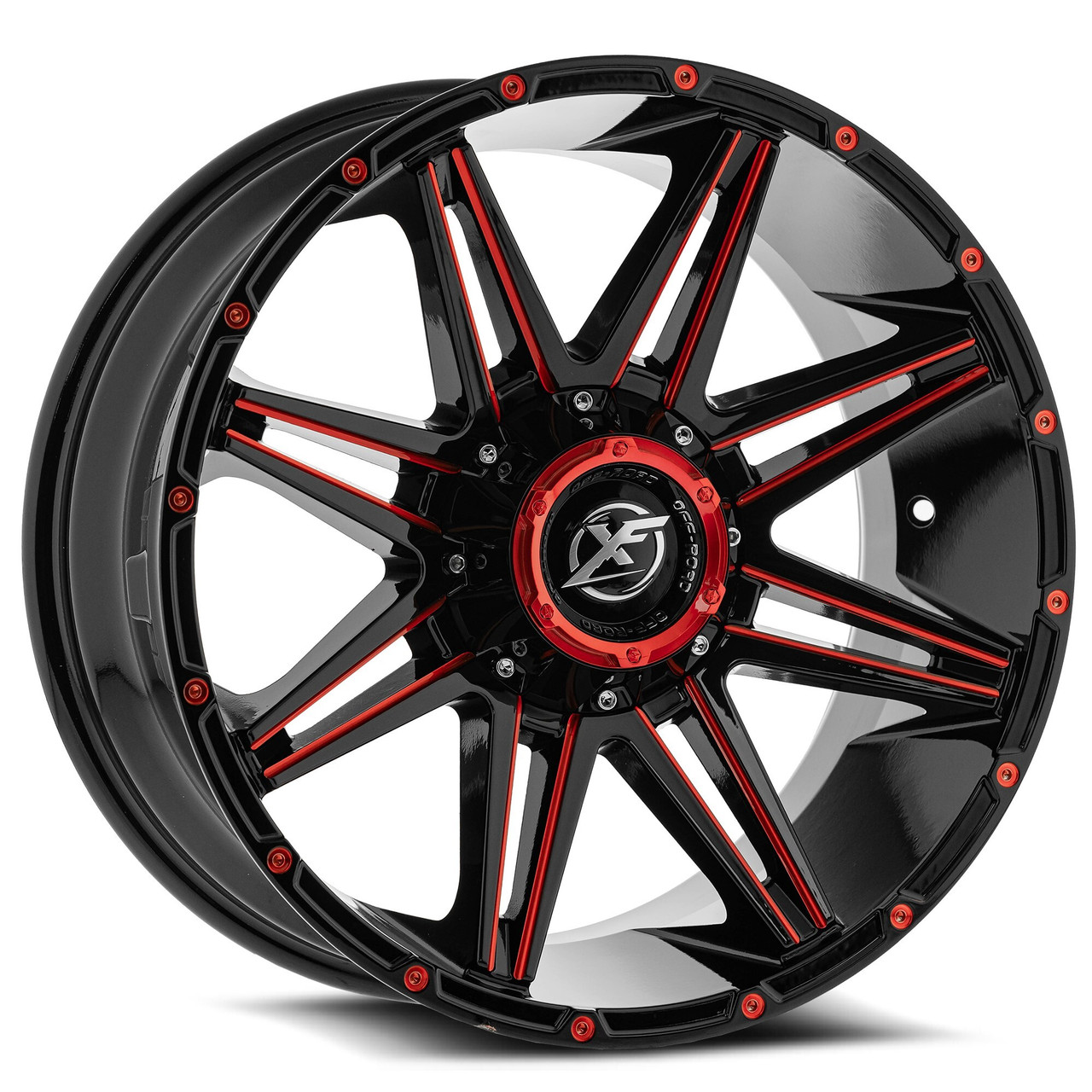 Set 4 20" XF Off-Road XF-220 Gloss Black & Red Milled 20x9 Wheels 8x6.5 8x180 12mm Rims