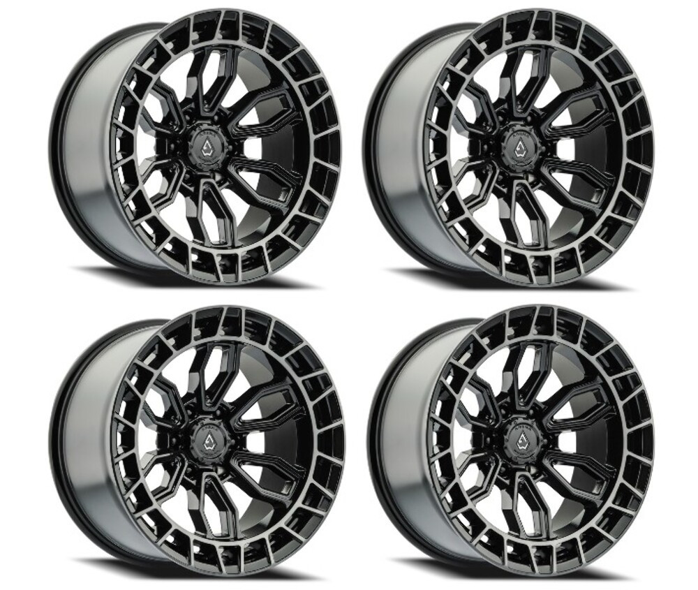 Set 4 17" Arena Recon 17x9 6x135 1mm Glossy Black Center Machined DDT Lip Wheels
