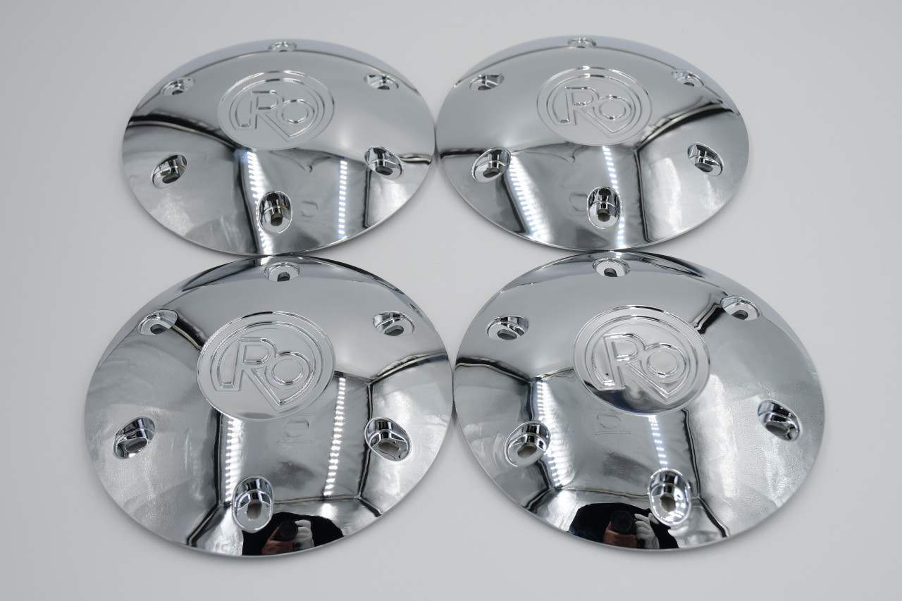 Universal chrome wheel center cap kit for 6 lug trucks with lug-mounted system designed to replace missing or discontinued caps on aftermarket wheels.