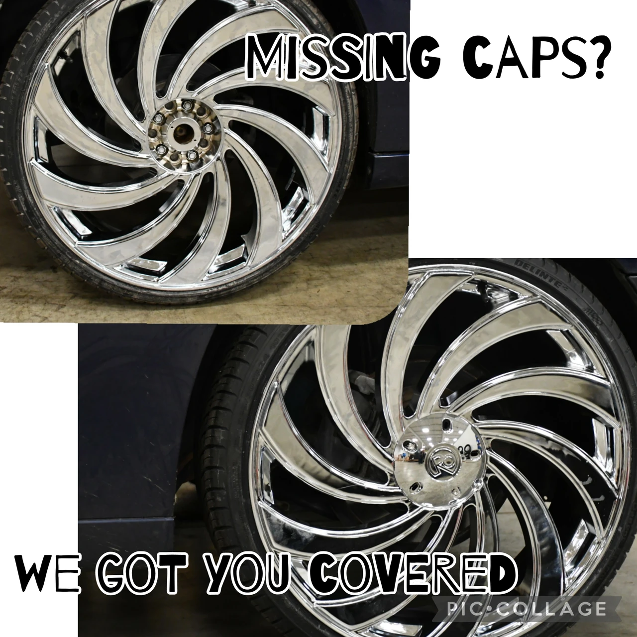 Premium universal chrome wheel center caps with 14mm lug-based mounting system for trucks SUVs and custom builds needing replacement hub caps.