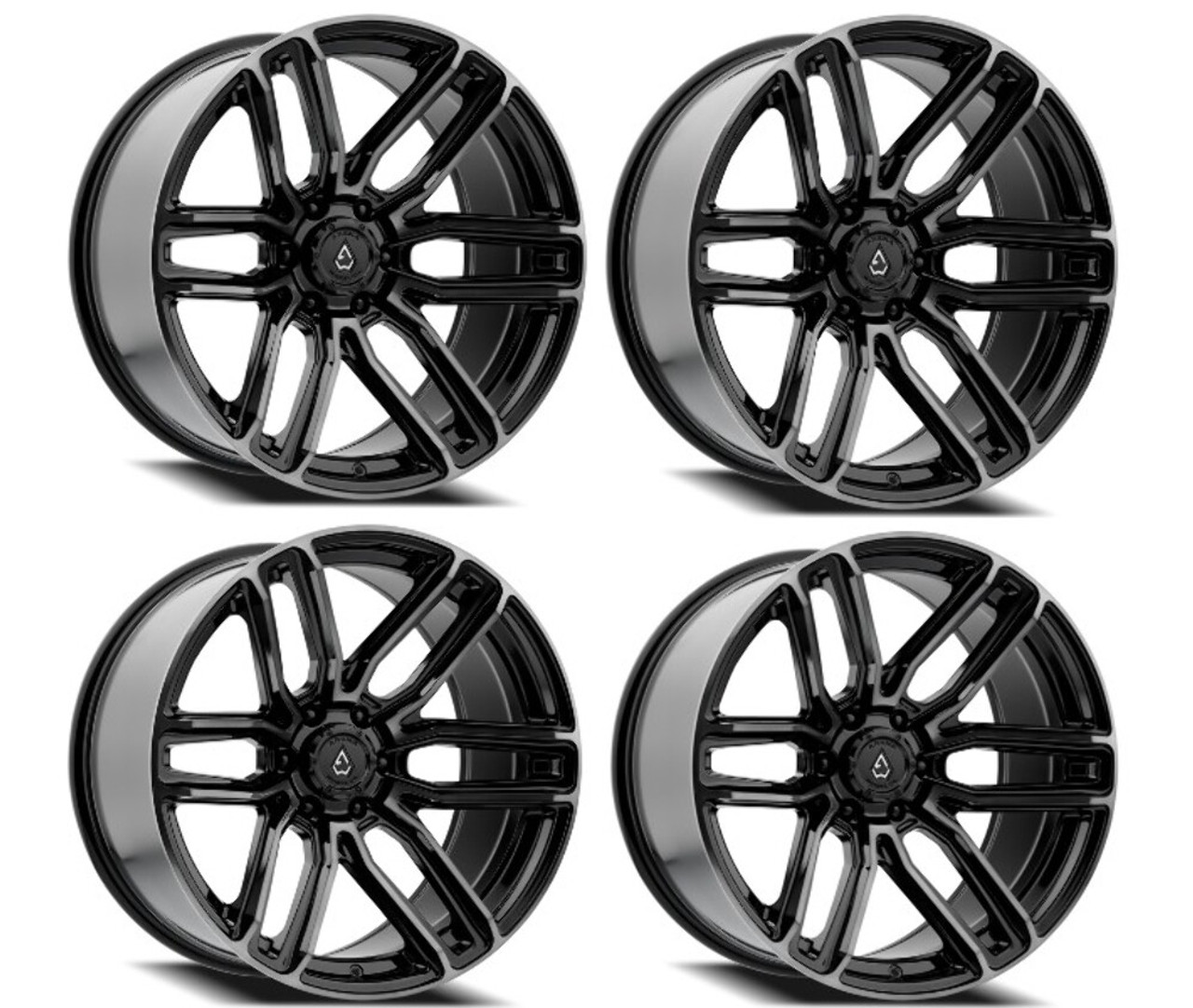 Set 4 22" Arena Supreme 22x9.5 6x135 20mm Glossy Black Brushed DDT Face Clear
