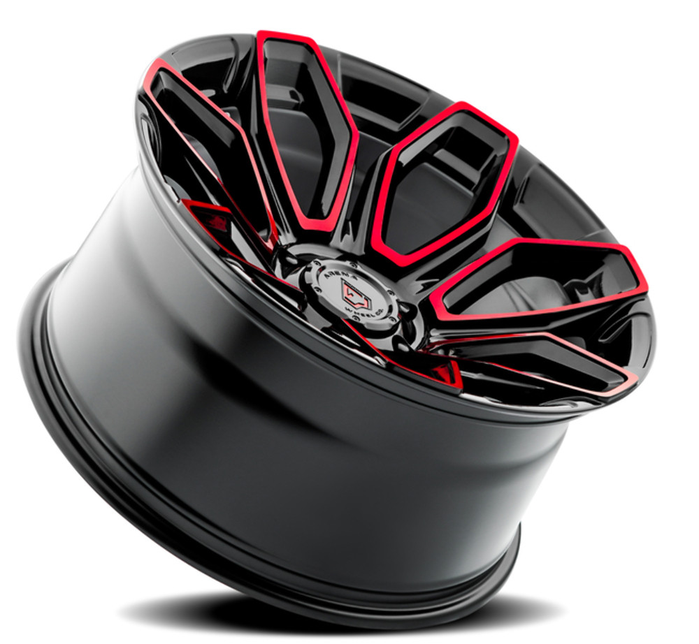 Set 4 20" Arena Cobra 20x10 5x5 -18mm Wheels Glossy Black Machine Red Tint Rims