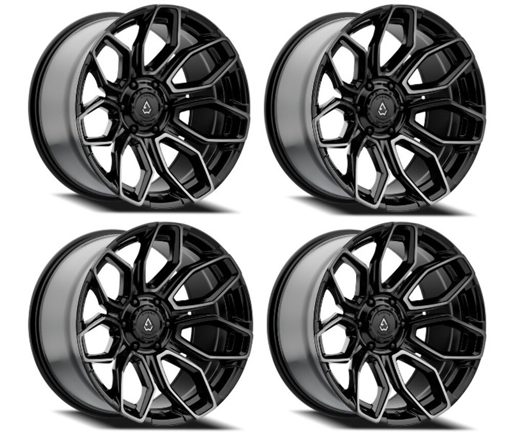 Set 4 20" Arena Cobra 20x9 5x5 20mm Glossy Black Brushed DDT Face Clear Wheels