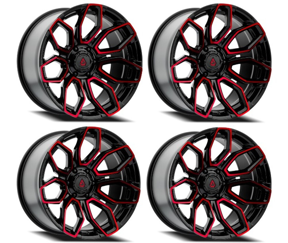 Set 4 22" Arena Cobra 22x10 6x135 -18mm Glossy Black Machine Red Tint Wheels