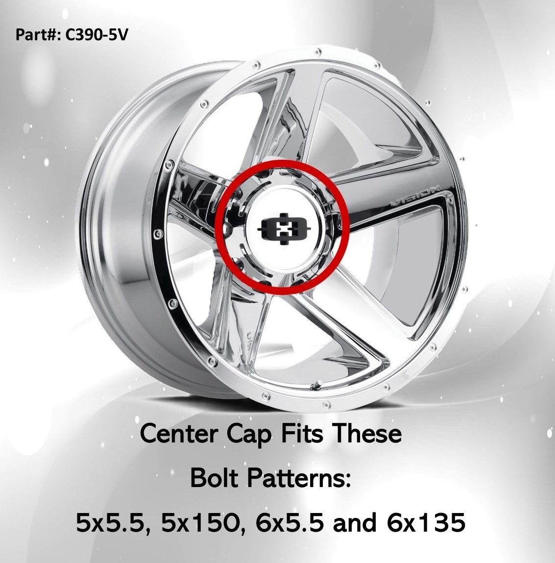 Vision Chrome Wheel Center Cap C390-5V Fits 5x150 5x5.5 6x135 6x5.5 Wheels