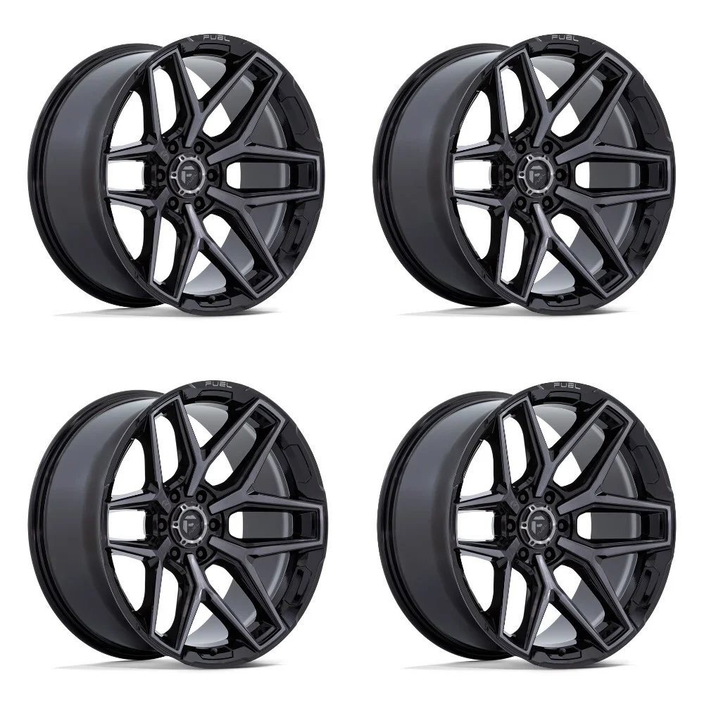 Set 4 24" Fuel Flux Gloss Black Brush FC Gray DDT 24x10 Wheels 6x5.5 0mm Rims