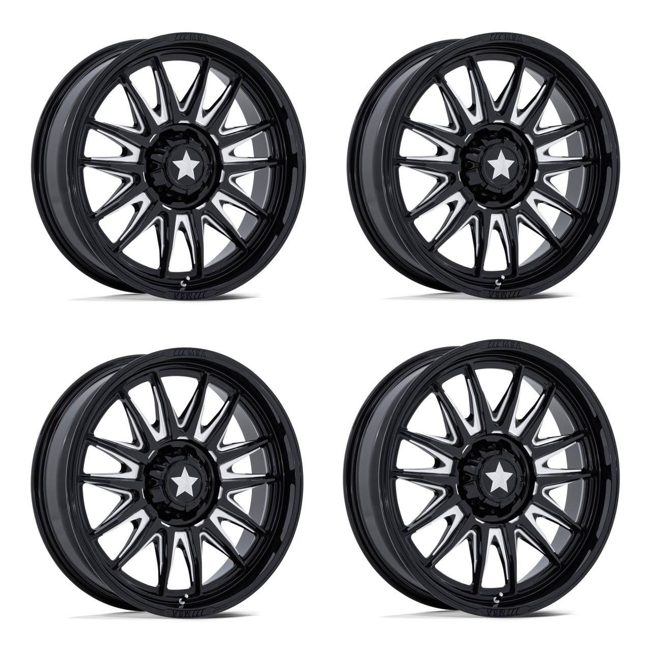 Set 4 24" MSA Offroad Wheels M55 Commander UTV Black Milled 24x7 5x4.5 0mm Rims