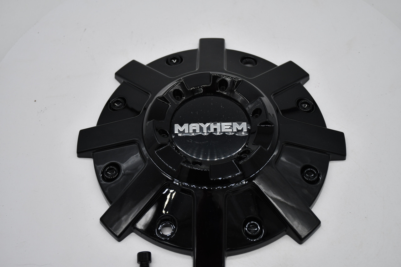 Close-up of the Mayhem C108107B gloss black wheel center cap showing the front design and Mayhem Wheels logo