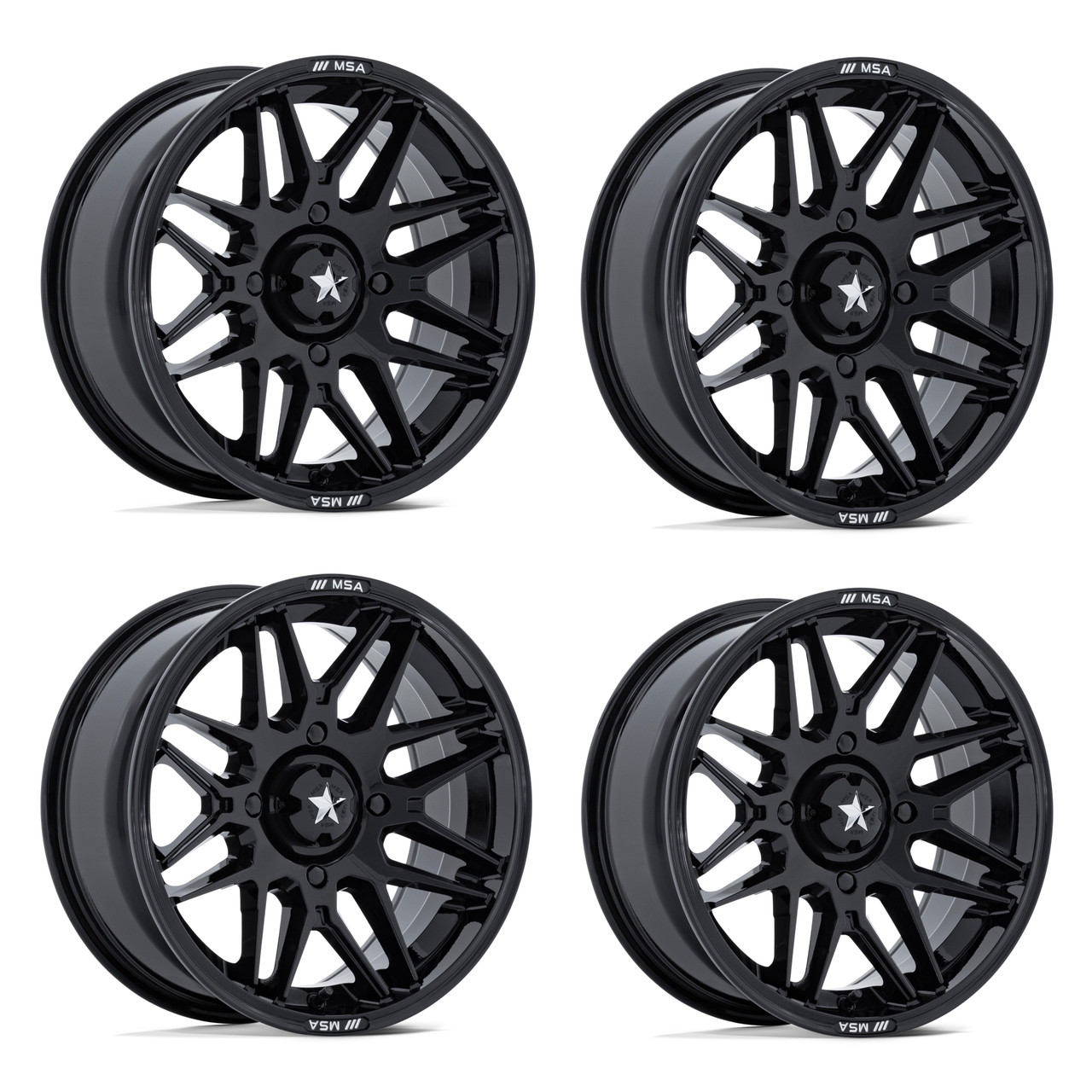 Set 4 16" MSA Offroad Wheelss M52 Radar UTV Gloss Black 16x7 Wheels 4x156 10mm