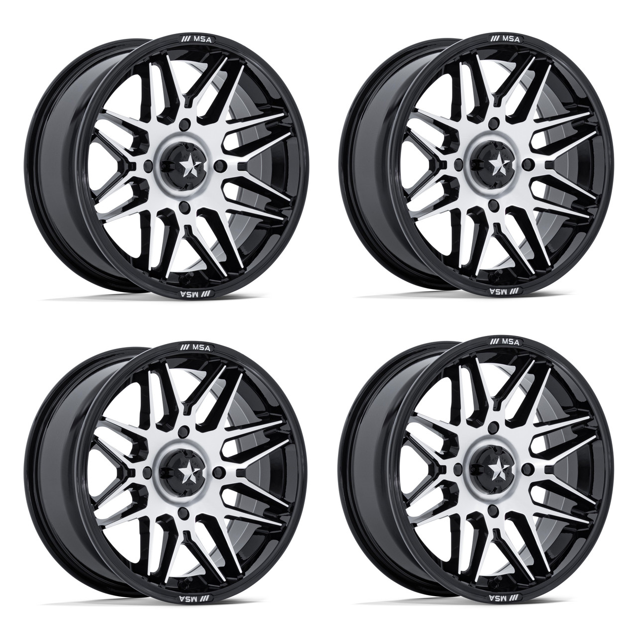 Set 4 16" MSA Offroad Wheels M52 Radar UTV Black Machined Face 16x7 5x4.5 10mm